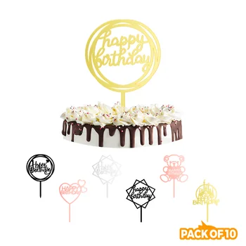 PACK of 10 PCS Acrylic Cake Topper Happy Birthday Cake topper Cake Decorating - with Circle/ Bear