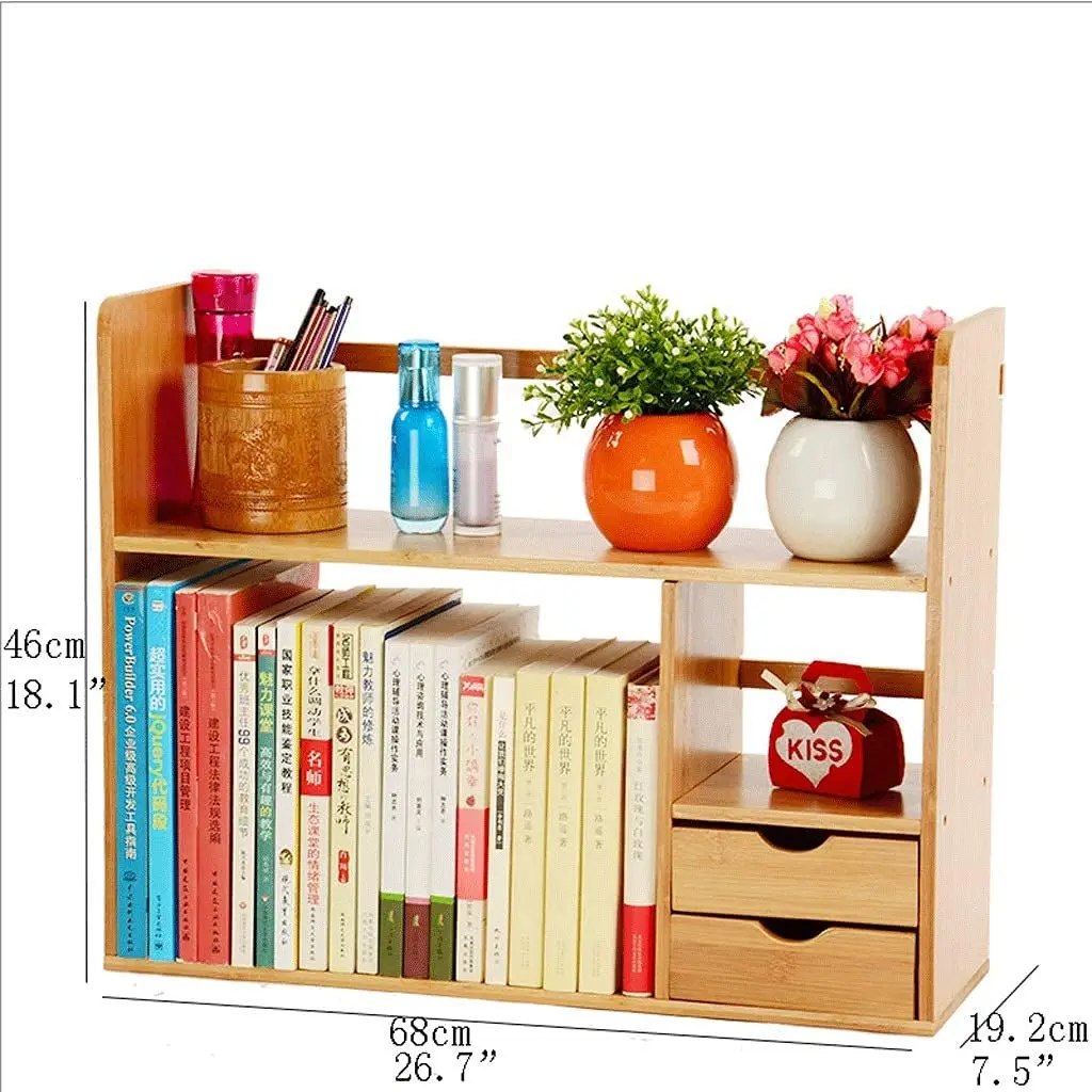 product bamboo double drawers desktop bookshelf with open bookshelves storage organizer display rack and two bookcase-7