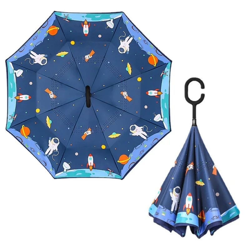 ZD072 Double Layer Hands Free Inverted Umbrella Kids UV Sun Car Umbrella C Type Handle Kids Reverse Open Folding Umbrellas