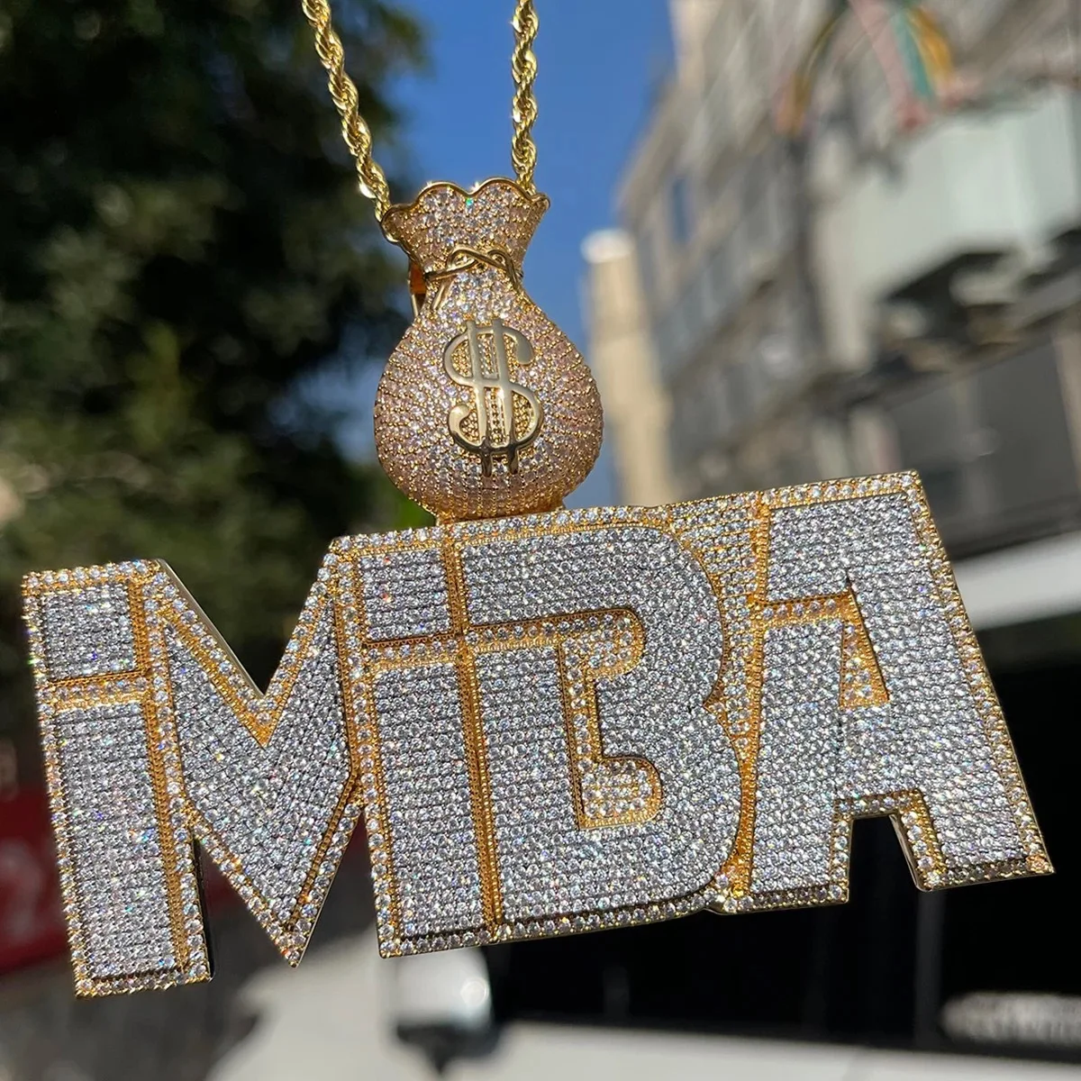 Money Bag Hook Custom Letter Pendant Gold Plated Full Diamond Pendant Necklace Cubic Zirconia for Women Jewelry