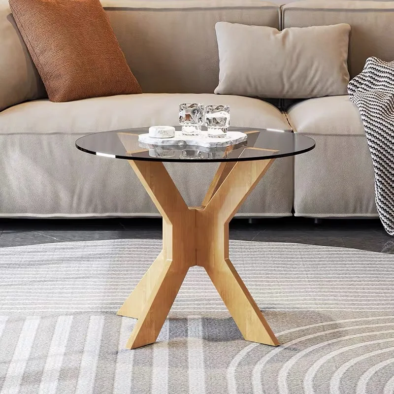 Contemporary Round Modern Glass Walnut Center Coffee Table with Solid Wood Legs for Small Space in Living Room