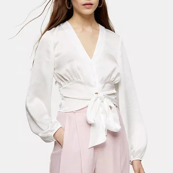 Hot Selling Latest Design Custom Plain Ivory Frill Knot Front Blouse v neck button blouse tie up white blouse