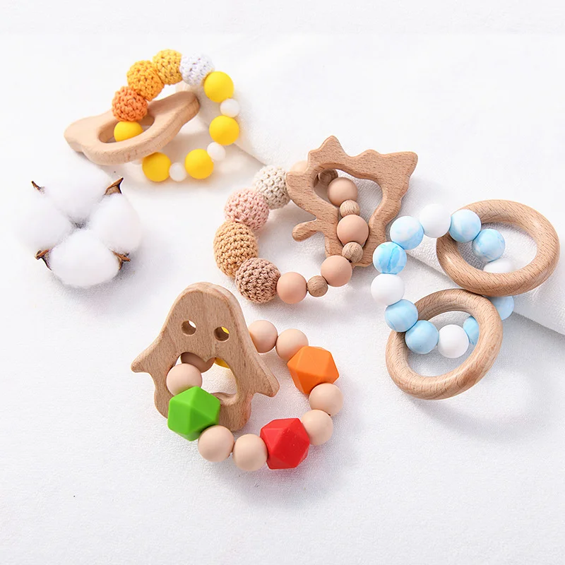 Baby Chewable Silicone Beads Teether Bracelet Teething Wooden Ring Rattles Toys 