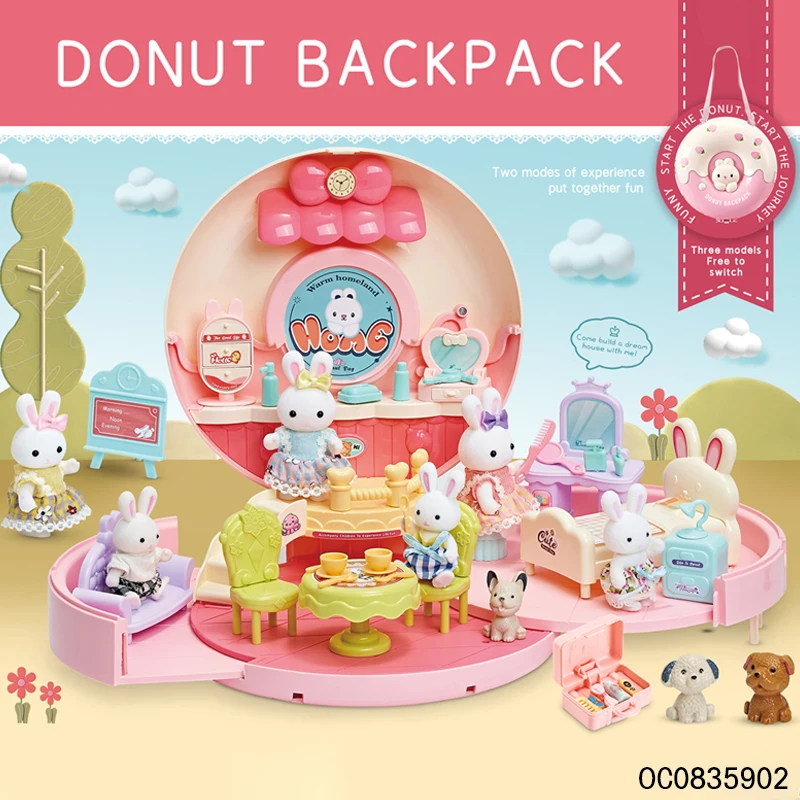 Pretend play preschool furniture plastic toy rabbit doll toys for kids with backpack