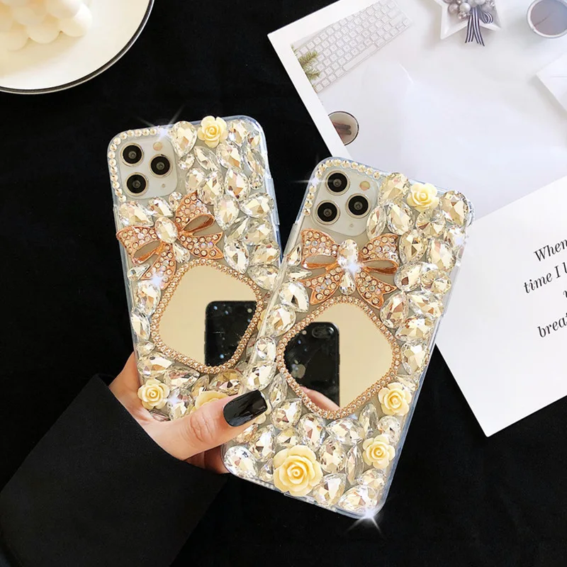 Woman Lady Style Handmade 3D Diamond Rhinestone Mirror Phone Case for iPhone 15 14 12 11 8 7 Samsung S24 S23 S22