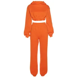 2022 Women New Winter Fall Crop Tops 2 Piece Set Orange Elastic Waist Jogging Sweatpants And Hoodie Set