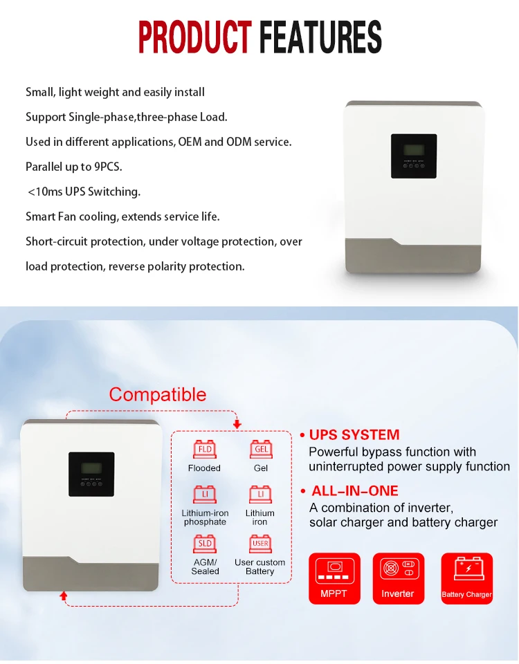 가정용 주택 응용 제조용 그리드 5KW 5KVA 48V 태양광 인버터 MPPT 병렬 UPS 시스템에서 CKMINE CE ROHS