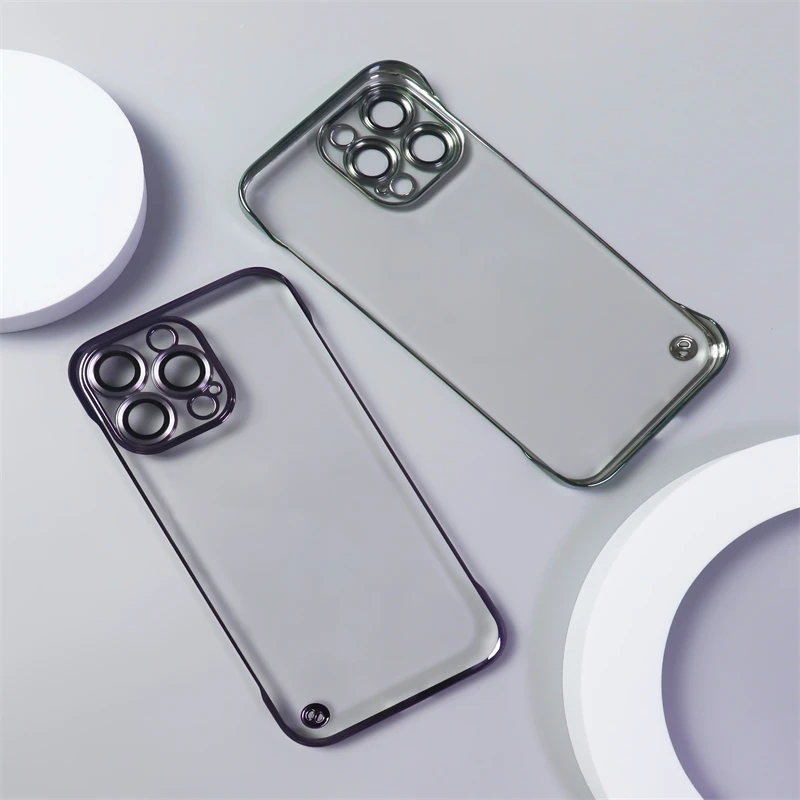 Luxury Plating Frameless Ultra Thin PC Transparent Phone Case For iPhone 14 13 12 11 Pro Max With Lens Film