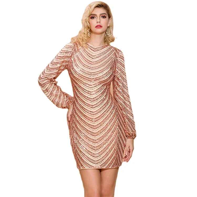 Women Elegant Gold Sequin Dress 