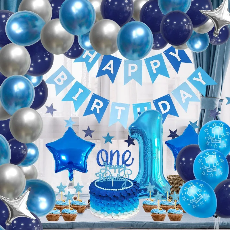 New blue birthday theme latex balloons garland arch 40 inch number balloons for boy baby shower party decoration