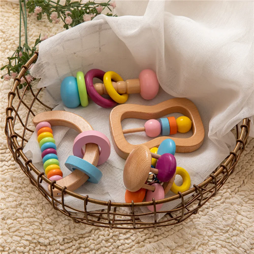 4 Buah Set Kerincingan Bayi Warna-warni Organik Gelang Penenang Kerincingan Kayu Aman untuk Makanan Set Teether Pembuatan Mainan Balita Montessori