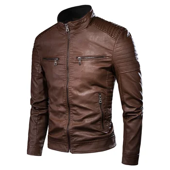 Men Autumn Brand New Causal Vintage Leather Jacket Coat Men Motor Biker Pocket PU Leather Jacket Men