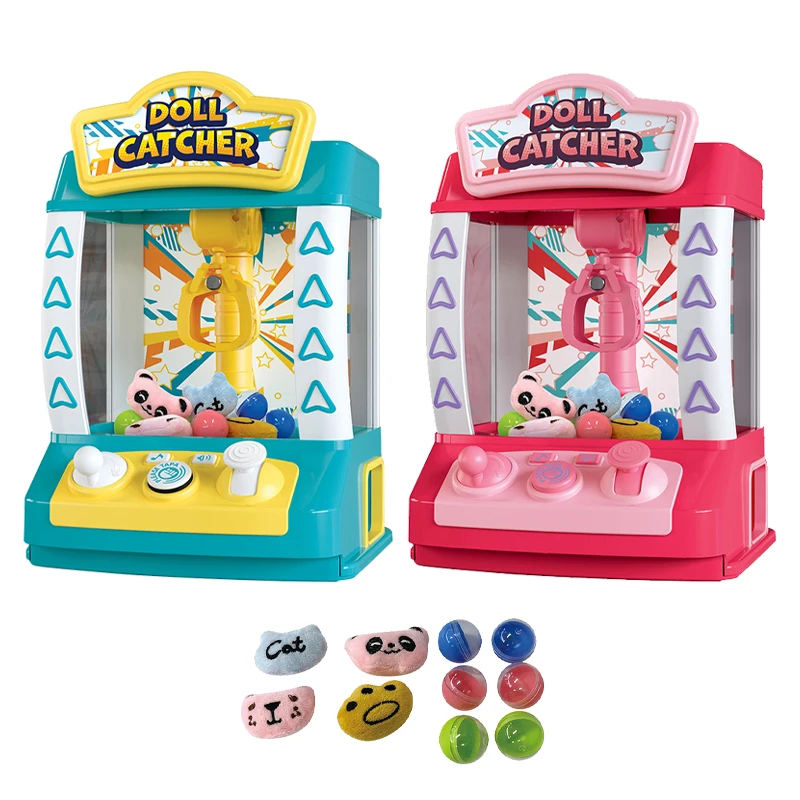 Lighted up musical electric mini claw machine game with plush doll toys for kids