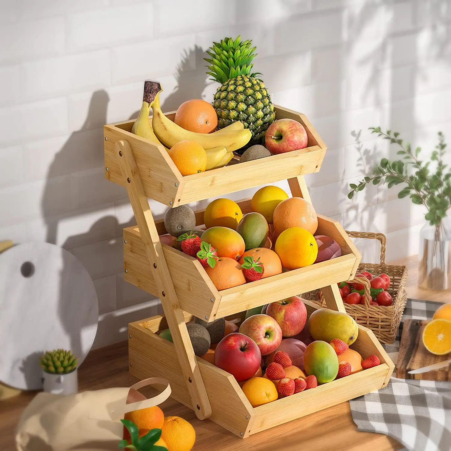 Custom Fancy Wood Storage Basket Fruit Bread Rack Snack and Spice Shelf for Kitchen Countertop Box Packed