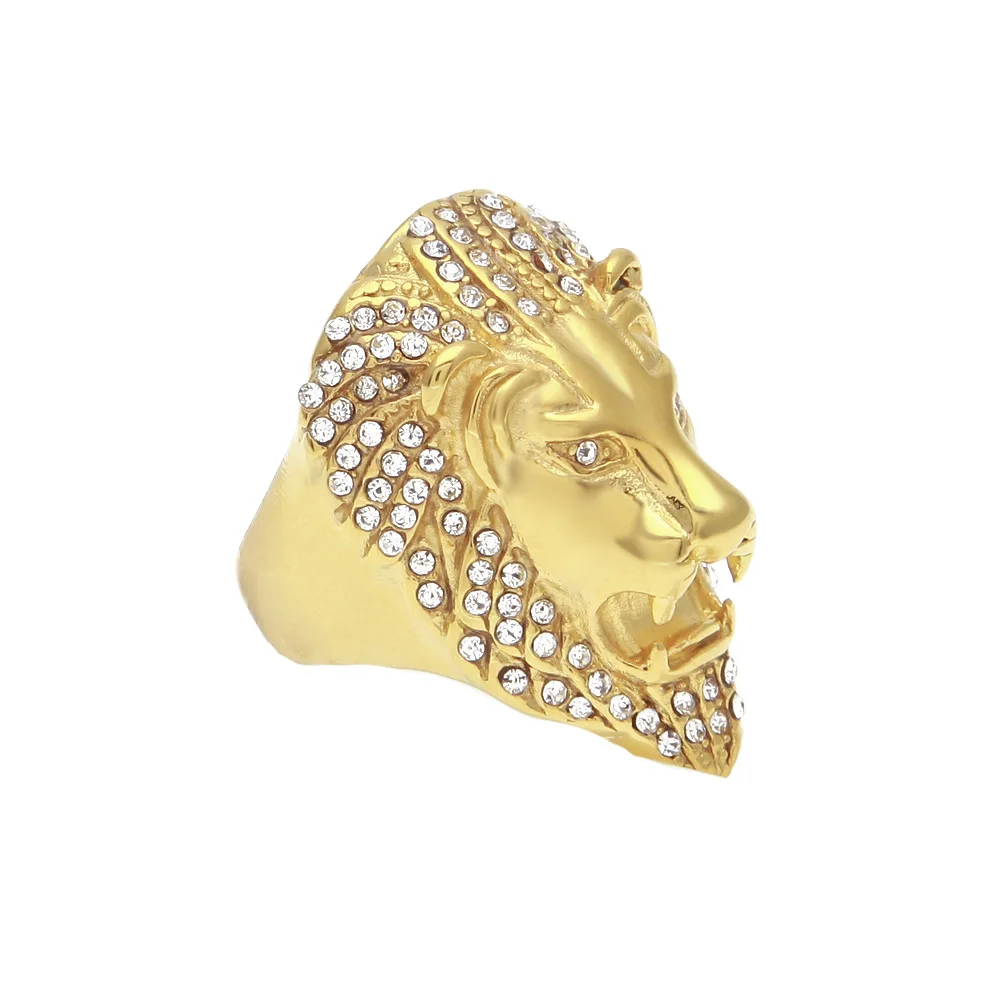 Micro Pave Rhinestone Iced Out Bling Lion Head Mens Ring IP Gold Filled Titanium Stainless Steel Rings for Men Jewelry