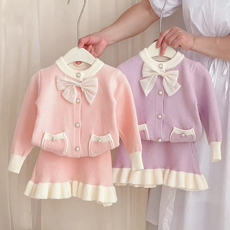 RTS children's clothing girl's knitwear short skirt toddler bow Korean cardigan sweater fall winter girl two piece set