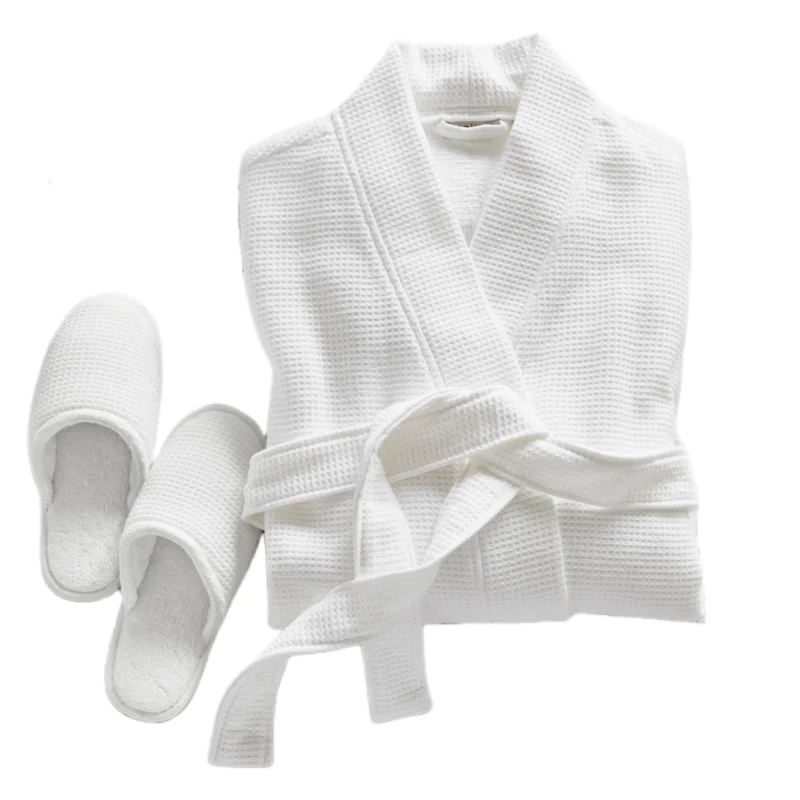 Customized logo spa robes wholesale piped waffle weave bathrobe slipper set