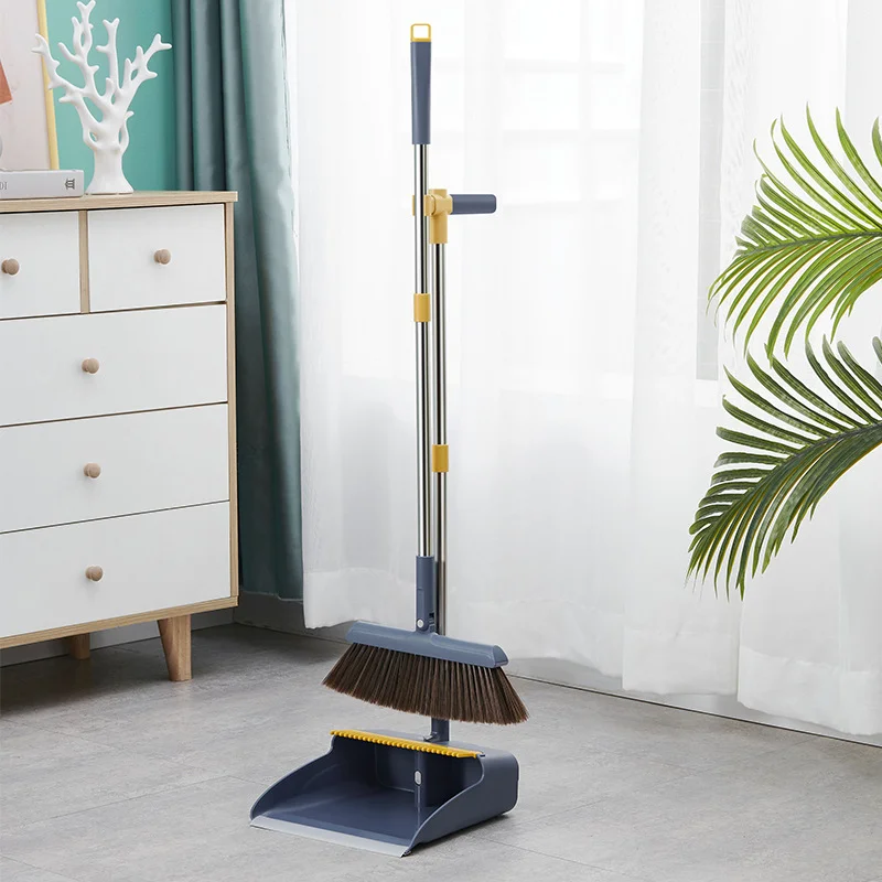 Commercial restaurant office hospital foldable windproof rubber long handle dust-free plastic broom and dustpan set