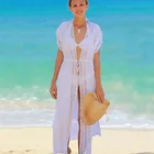 Beachwear Women Sexy Lace Crochet Beachwear Long Maxi Dress Drawstring Waist Beach Cover Up