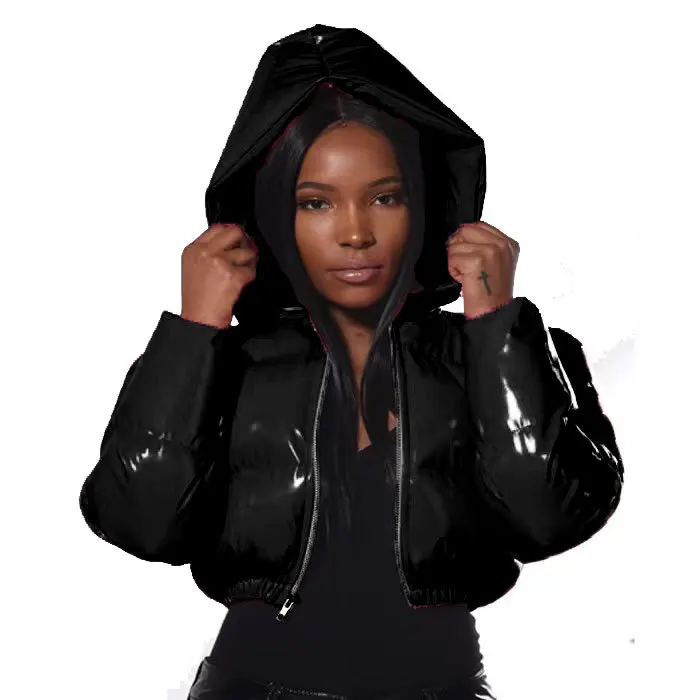 2022 Winter Women Solid Color Shiny Crop Hooded Bubble Coat Long Sleeve
