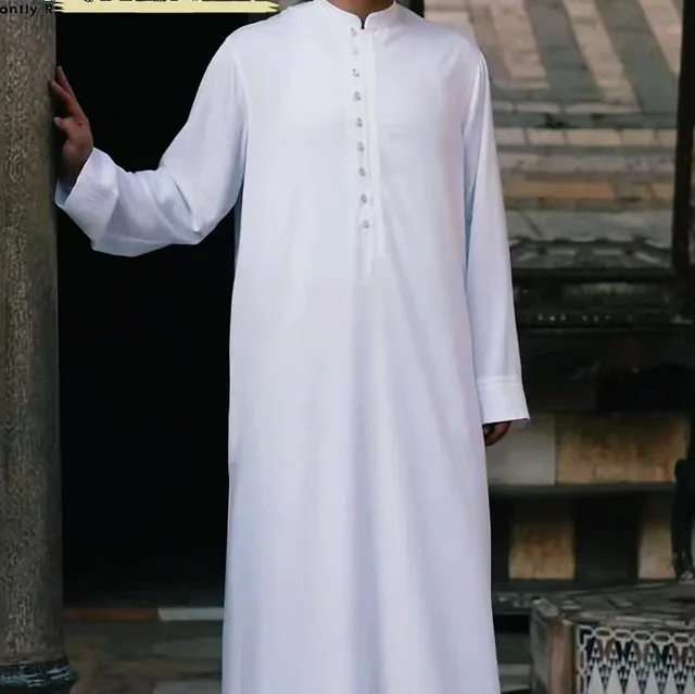 Custom Islamic Clothing Designs Long Dress Neck Buttoned Opening Abaya Stand-up Collar Men's Thobe