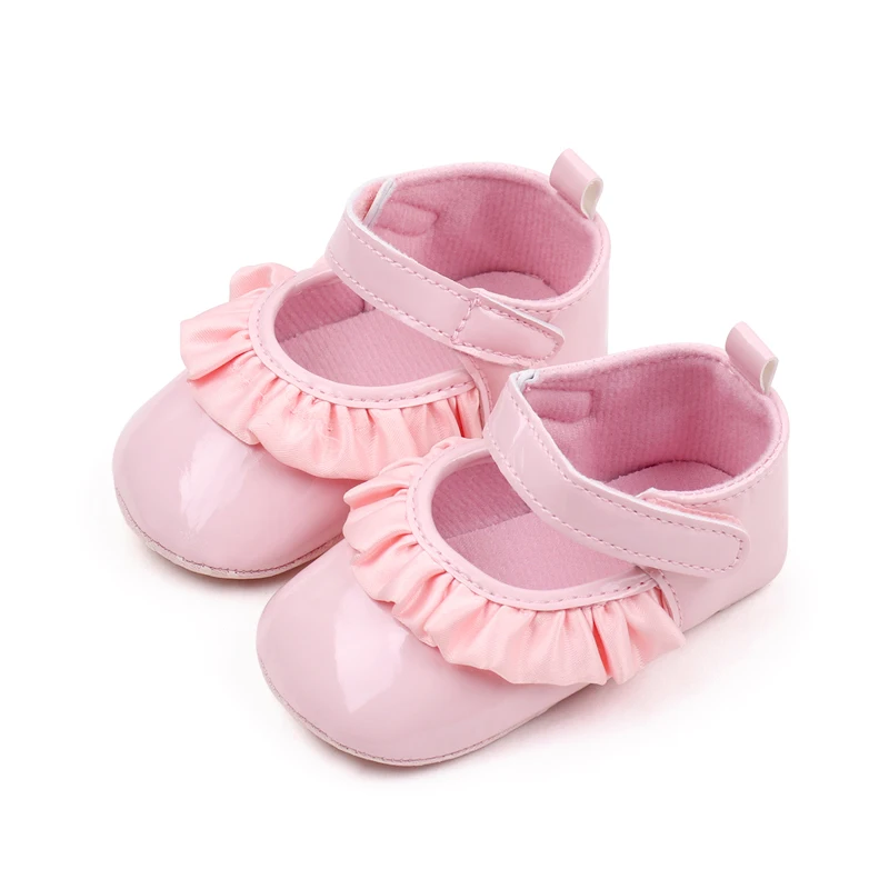 Fashion Lace Princess Shoes Solid Color Baby Girls PU Leather Bright Face Soft Soled Shoes factory