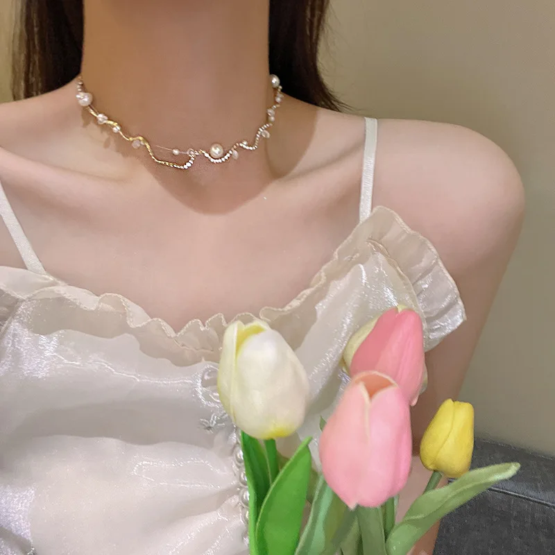 wild double layer Zircon pearl necklace women Fashion exquisite necklace light luxury simple clavicle chain