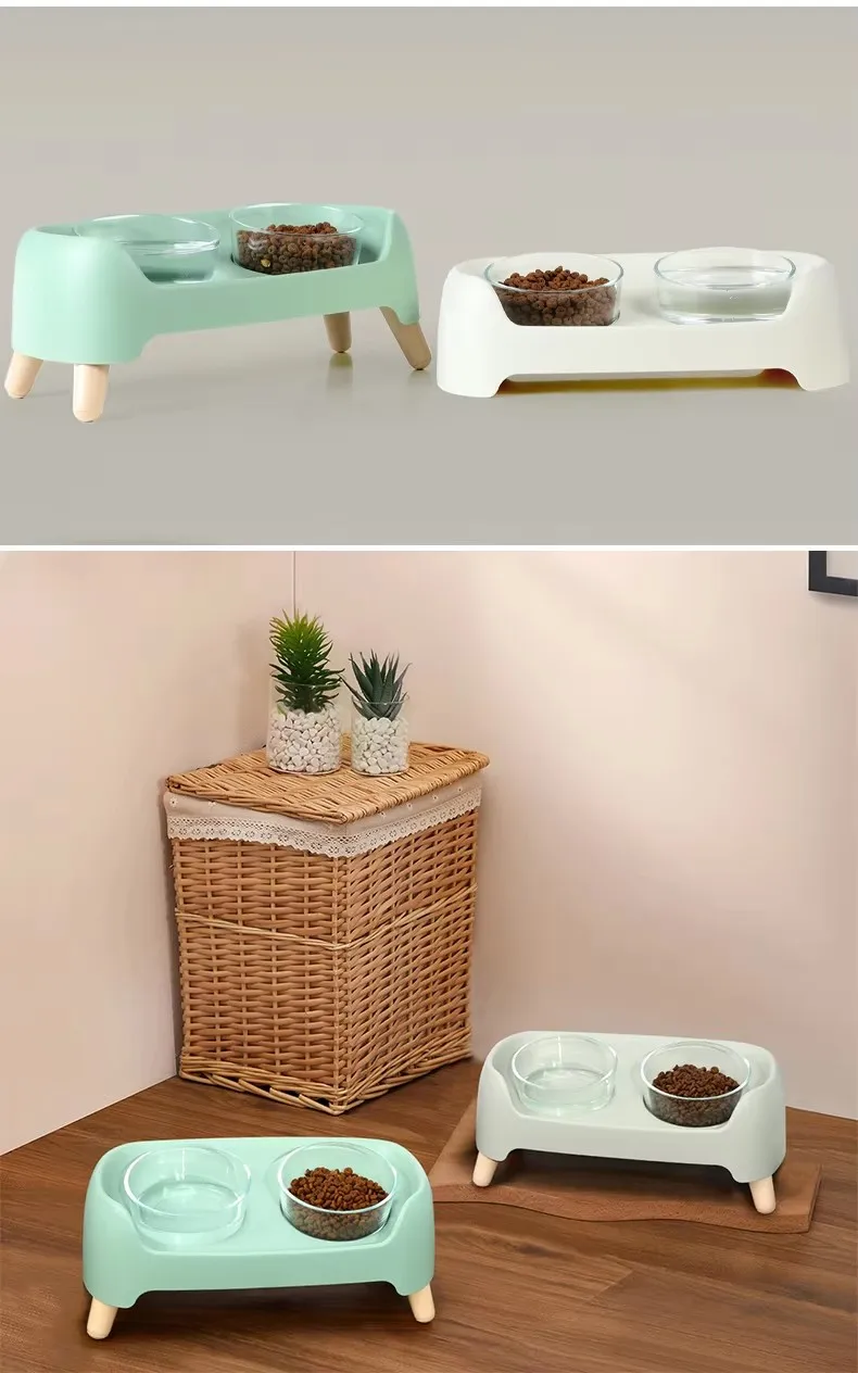 Dougez Customizable Pet Double Bowl with Glass Bowls Anti Knock Food and Water Bowl for Dogs Cats Easy to Clean Pet Supplies details