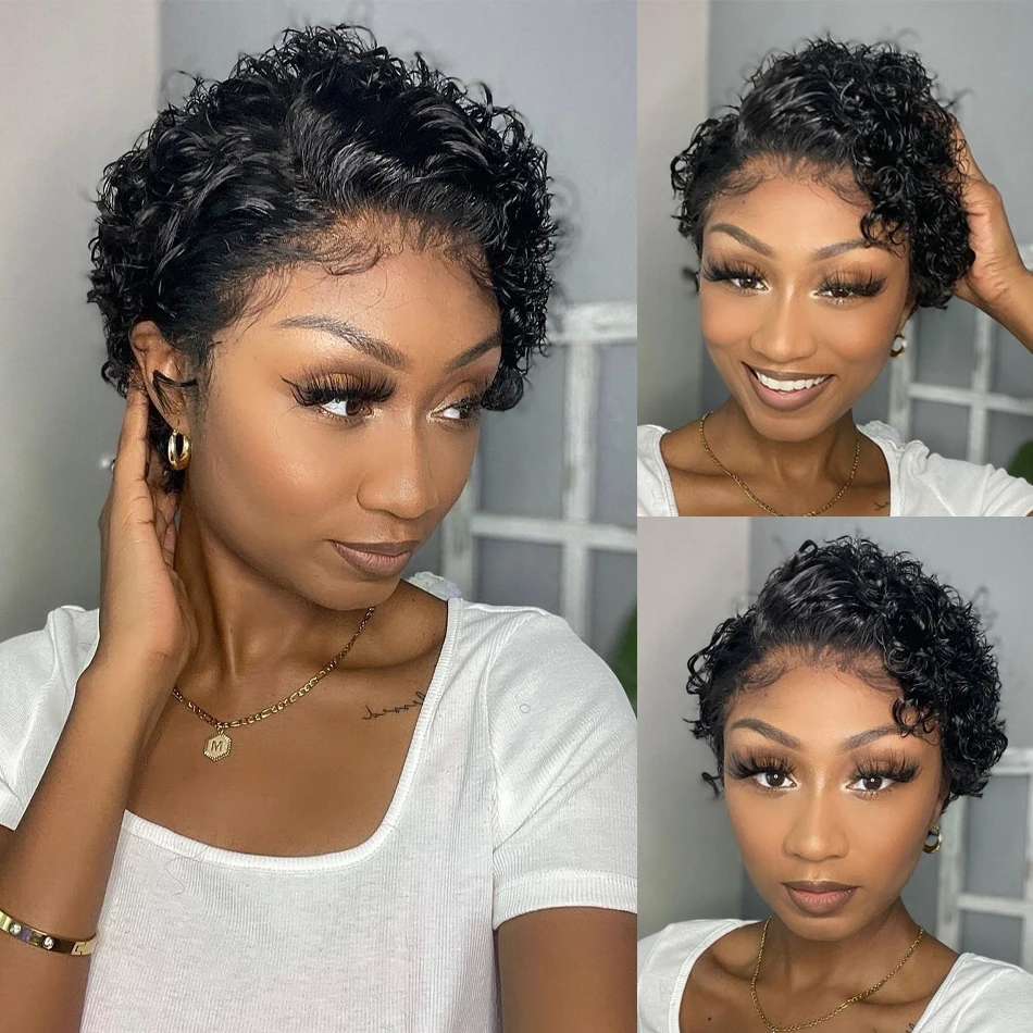 Water Wave PrePlucked  Cheap Remy Lace Pixie CurlyWigs,Transparent Lace Pixie Cut Wig Short Curly Human Hair Bob Wigs For Women