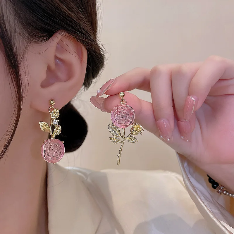 sweet flowers earrings light luxury temperament wild earring sense of luxury asymmetrical ear studs