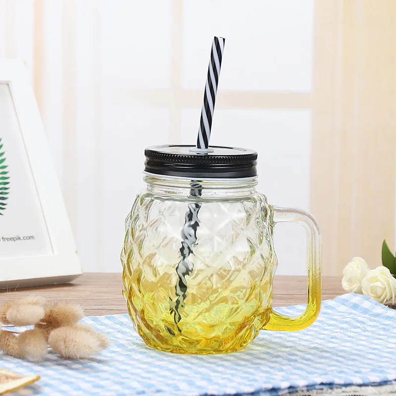 500ml 16oz Pineapple Shaped Glass Drinking Jar Mason Cups With Straw Glass Mason Jar With Handle