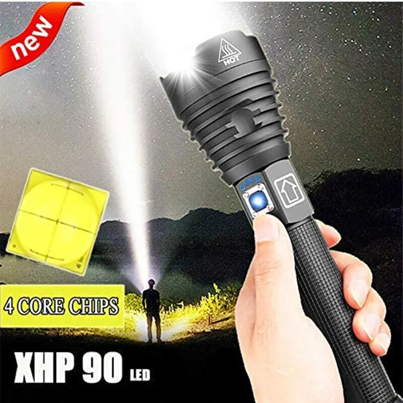 XHP90 Flashlight 6000 Lumens Zoomable Power Display USB Rechargeable Powerful Flashlight Super Bright LED Torch for Hiking