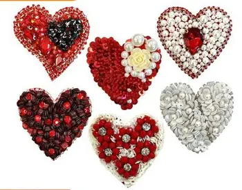 Heavy handmade craft sewn on crystal beads rhinestone patches heart pattern beaded embroidery patch for clothing bags