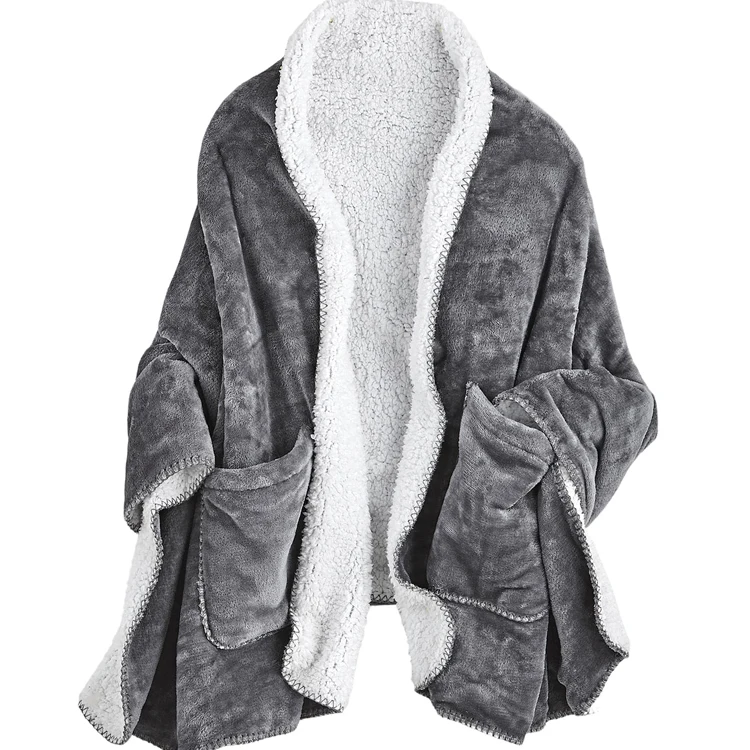 sherpa shawl poncho blanket with sleeves for adults flannel fleece wearable throw blanket with pockets