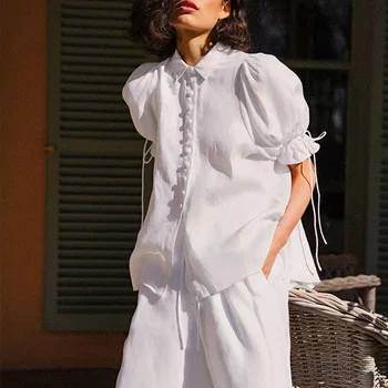 Woman Blouses And Tops 2021 Summer Blouses Elegant Women Ruffle Puff Short Sleeve Casual White Linen Shirts Ladies' Blouses