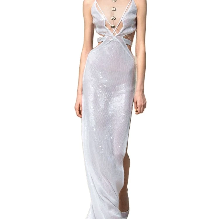 New Fashion Sexy Deep V Halter Neck Hollow Perspective Dress Temperament Sequin White Slit Dress Dress