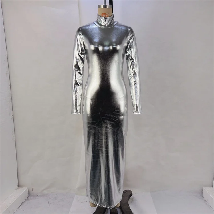 Silver Zipper Reflective Glossy Leather Long Sleeve Party Dress Women 2023 New Bodycon Sexy Club Long Dress