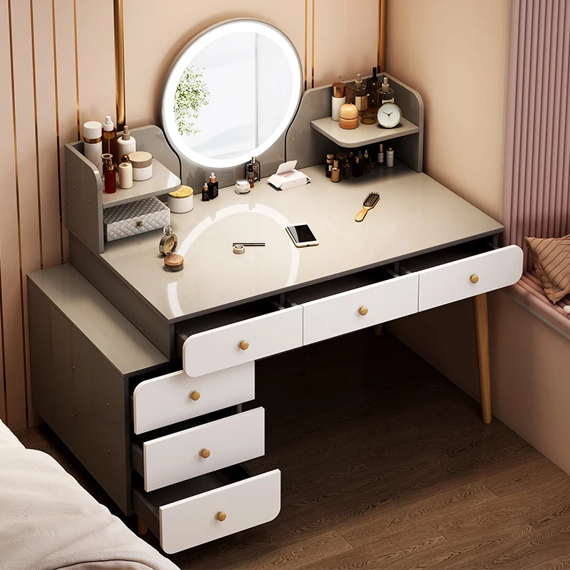 Modern Nordic Wooden Multifunction Ladies Vanity Table in Bedroom with Led Light makeup Mirror Storage