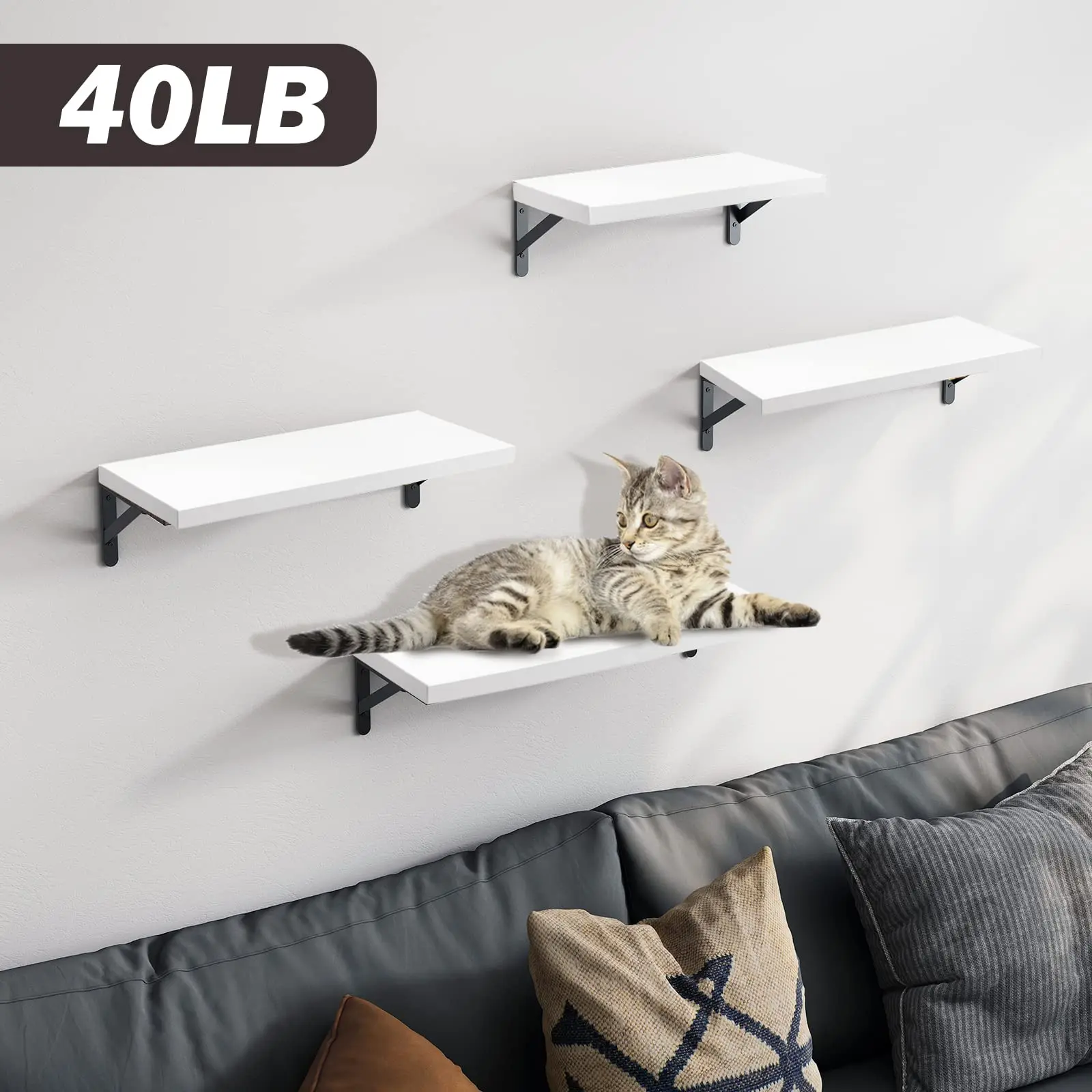 Set of 4 White Metal Book Living Room Wall Mounted Hanging Storage Home Decor Cat Wooden Wall Shelf Floating Shelves
