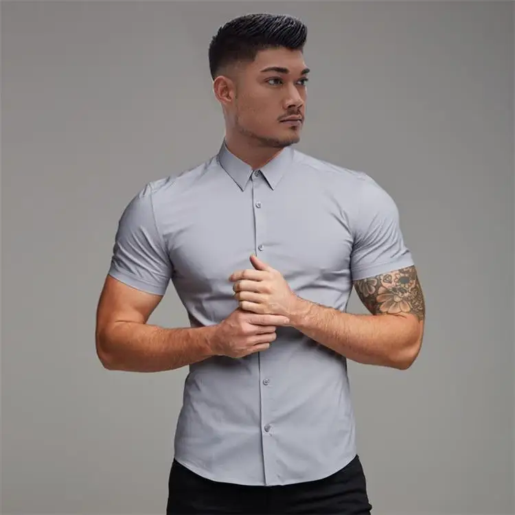 Muscular Men Stretch Shirt Stand Collar Short Sleeve Breathable Sports Cardigan Fitness Clothes