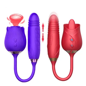 Red Yellow Black Rose Shape 2 In 1 Shaped Extended Vibrate Tongue Clitoral Sucking Vibrating Egg Sex Toy Rose Vibrator For Woman