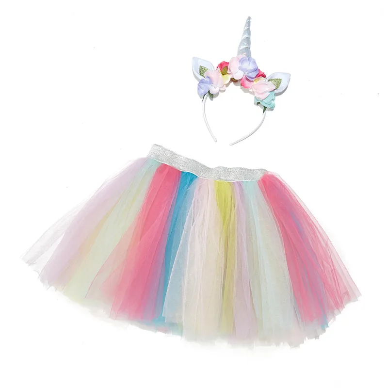 BAOBAO 2Pack Rainbow Tutu Skirt with Unicorn Horn Headband for Girls Princess