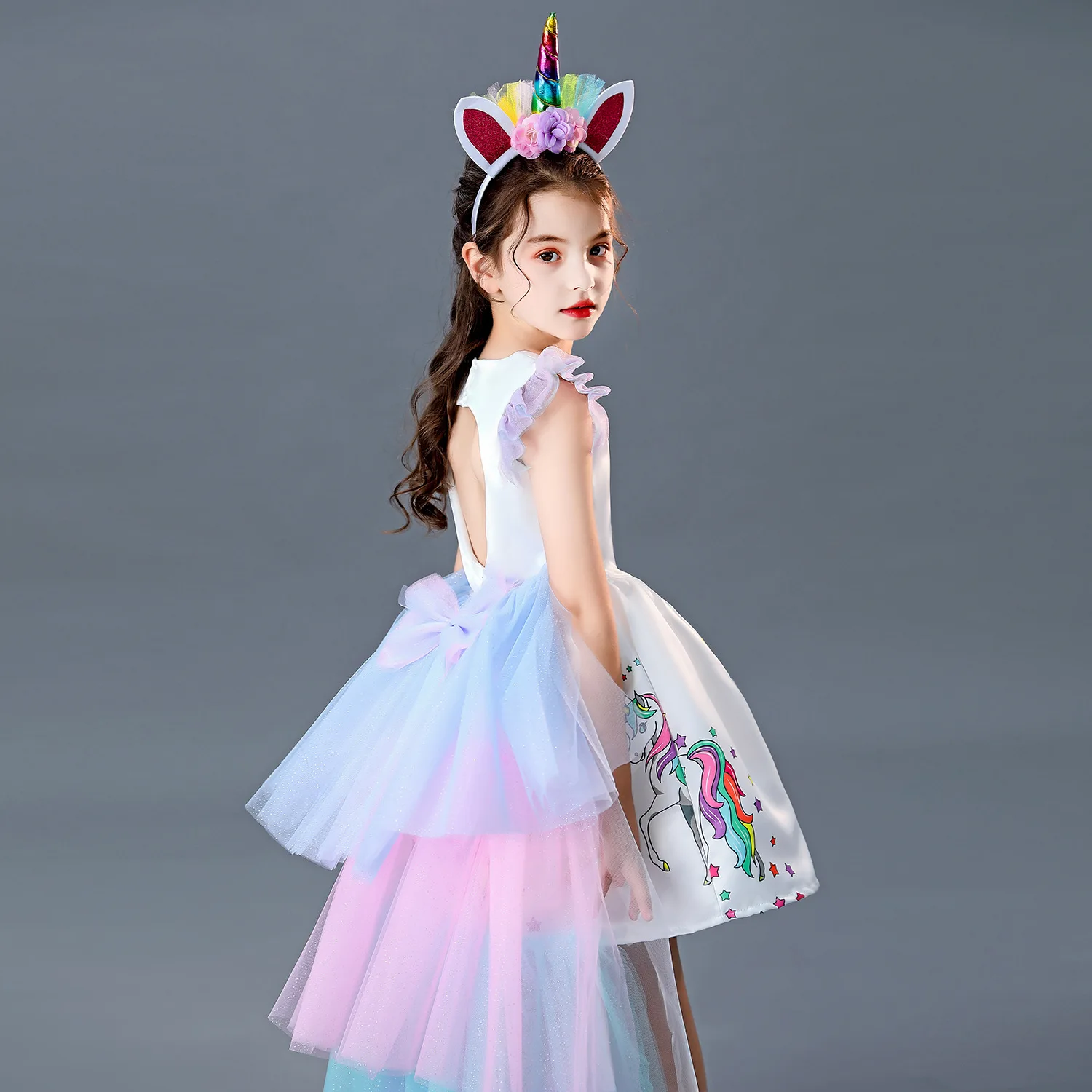 Kid Cute Cartoon Printed Removable Rainbow Mesh Cloak Dress Fancy Princess Party Summer Casual girls dresses Unicorn Clothes