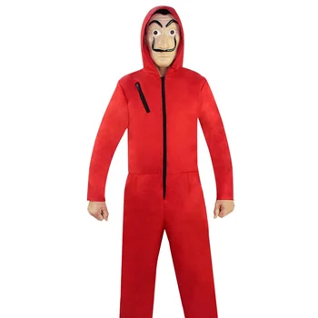 Cheap Adult Red Perform Jumpsuit Dali Cosplay Costume Carnival Clown Costume Banknote House Suit with Face Wear