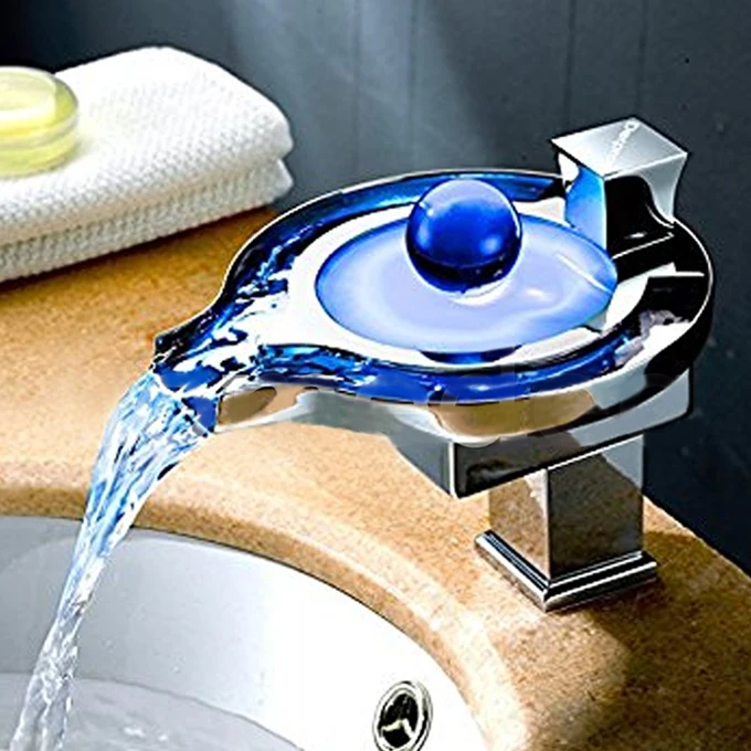 LED Bathroom Faucet Round Ball Chrome Waterfall Deck Mount Mixer Taps 