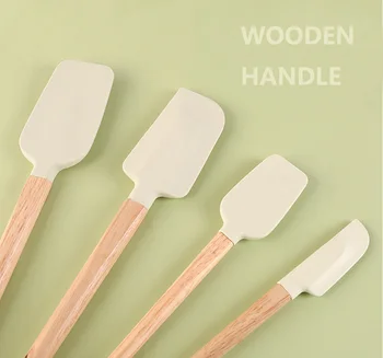 4pcs wooden Handle Non-stick Cookware creamy white color Silicone Kitchen Utensil set Silicone baking spatula set