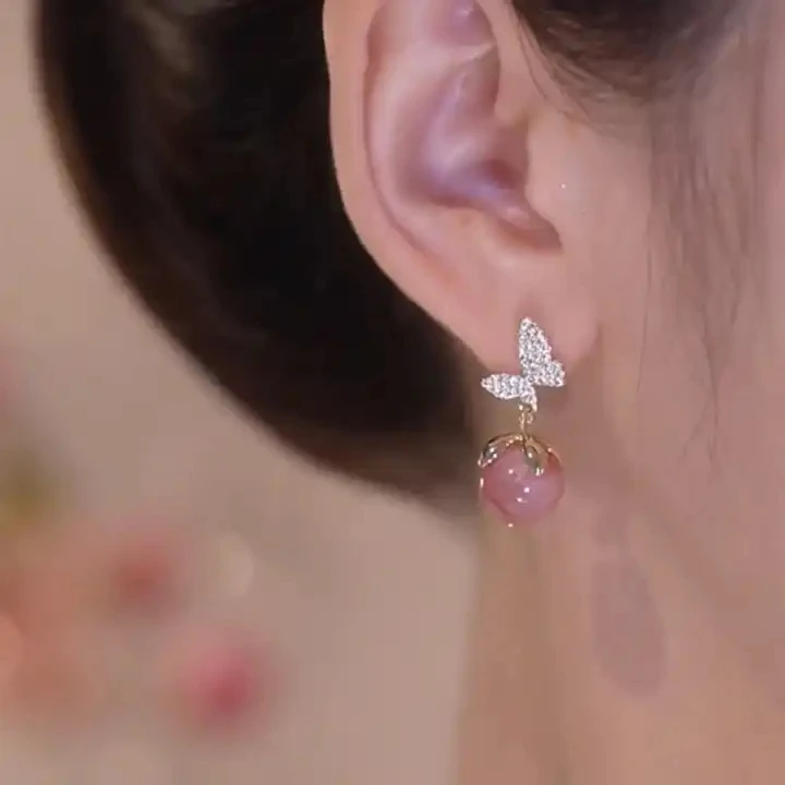 Beautiful Pink Opal Full of Diamonds Butterfly Drop Earrings New Korean Style Jewelry For Women