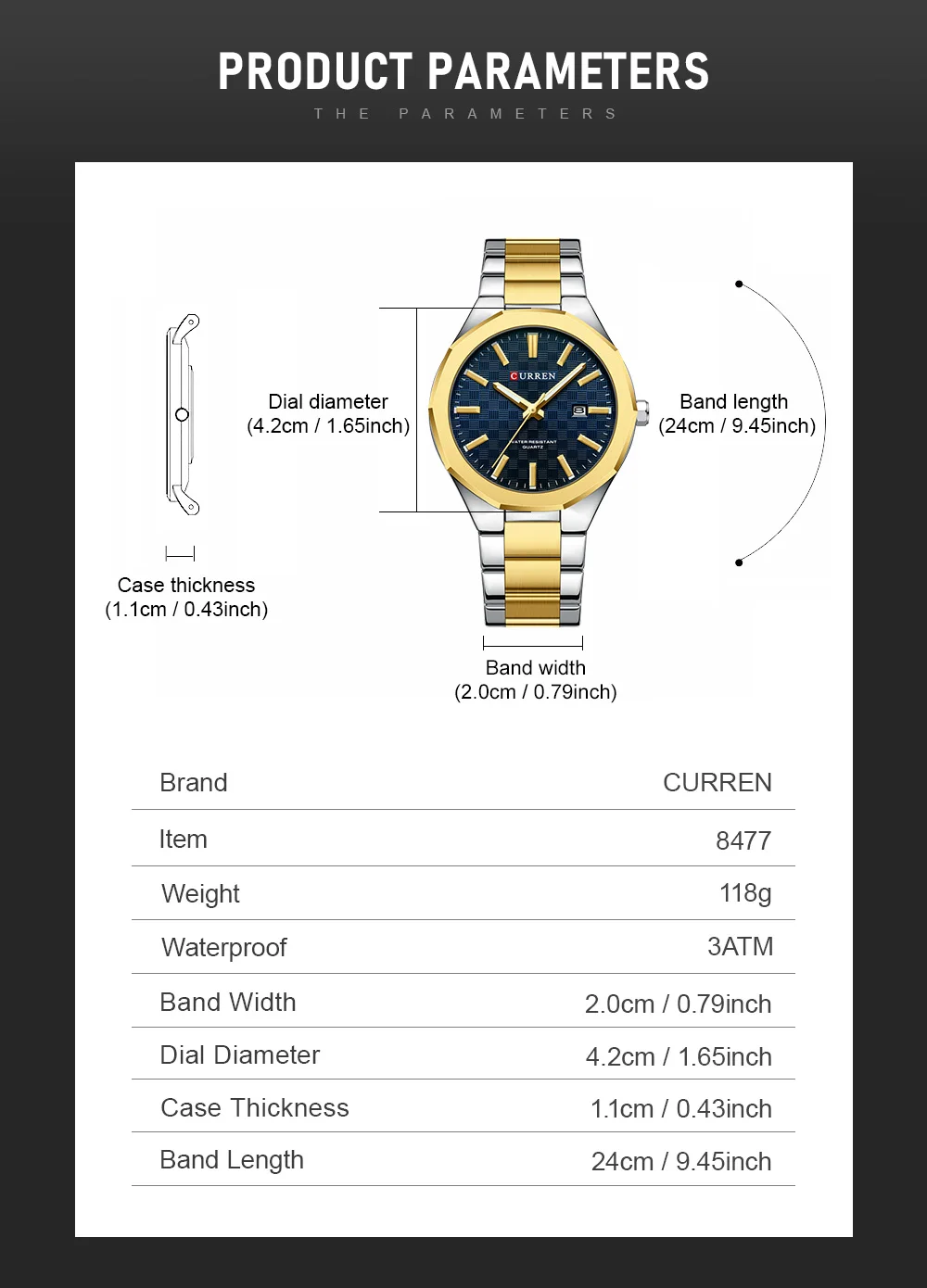 CURREN 8477 Business Luxury Men's Quartz Watch with Luminous Hands Stainless Steel Fashion Clock with Date Waterproof Wristwatch