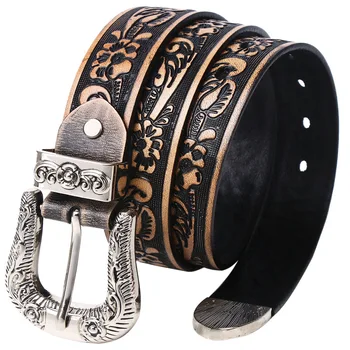 Fashion Two Tone Luxury Cowboy Cowgirl Western Tooled Floral Embossed Full Grain Genuine Cowhide Leather Belt For Men Women