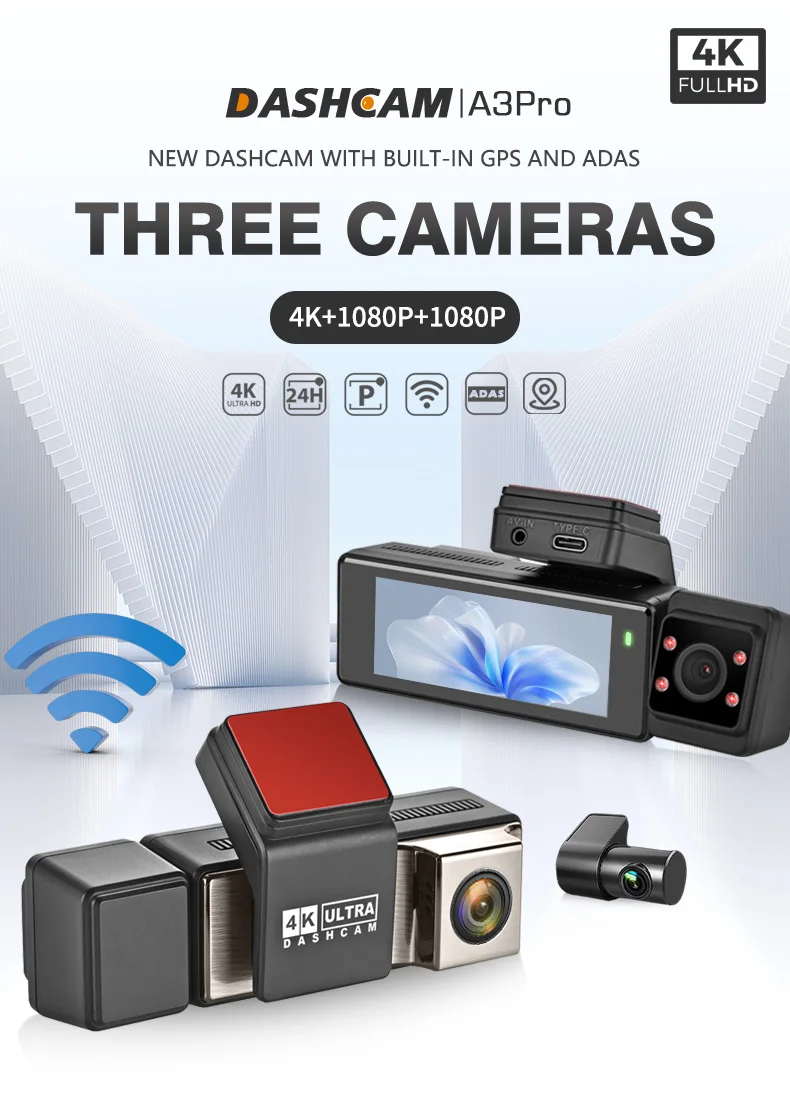 Dash Cam WIFI Front In-car Rear 4k Dvr 3 Channel 4k GPS Black Box with 3.16 Inches for Wireless Discreet Hidden Installation manufacture